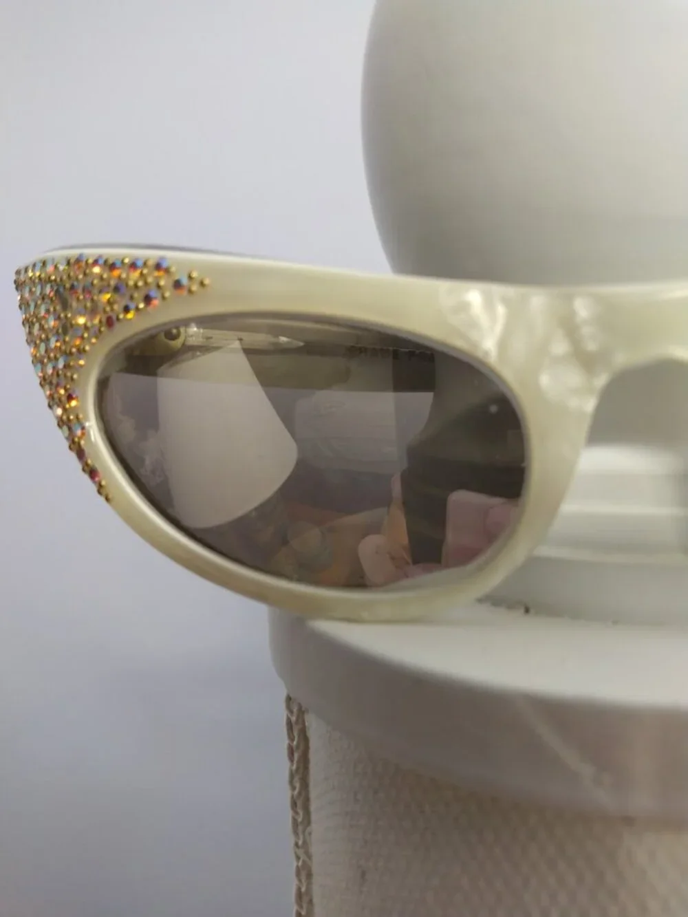 Vintage Cat Eye Sunglasses White Frame France Rhinestone Mirrored Lenses 60s Mod